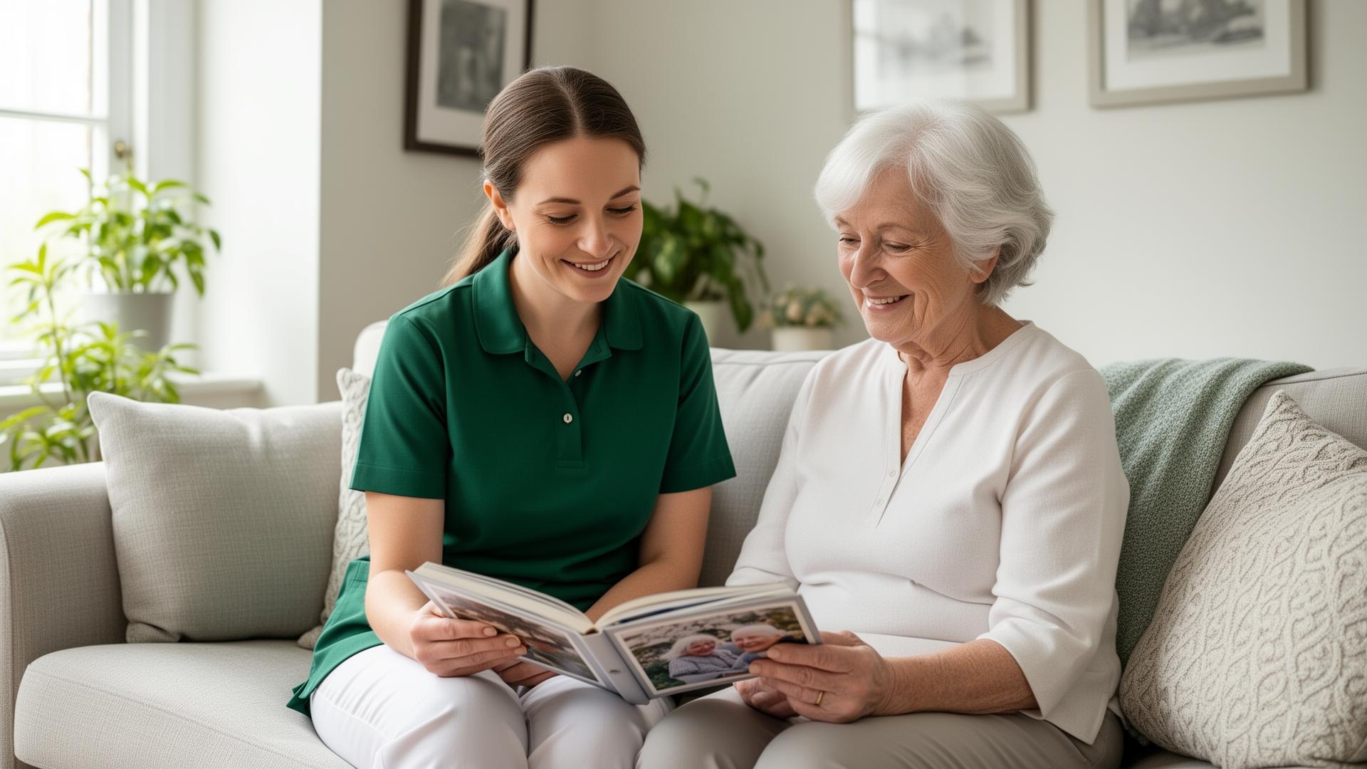 Carer with elderly client sharing tea in a sunlit Leicester living room